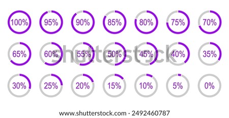 Circle graph percentage loading or infographics progress elements. Set of round diagrams icons from 0 to 100 percent. Color fill pie, pizza charts indicator template isolated on a white background.