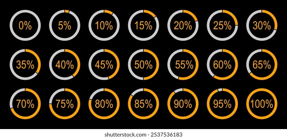 Carga porcentual del gráfico circular. Iconos de diagramas redondos de 0 a 100 por ciento. Elementos de progreso de infografías. Pastel de relleno de color, Plantillas indicadoras de gráficos de pizza.