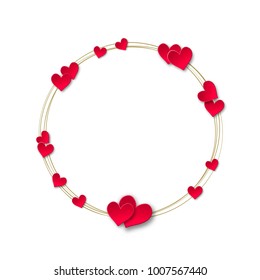 Circle graphic frame with hearts. Valentine's Day background with paper art origami style hearts wreath. Vector illustration 
