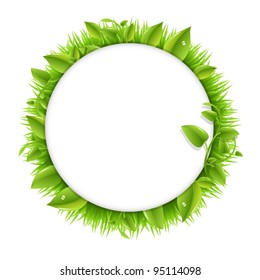 Circle With Grass And Leafs, Isolated On White Background, Vector Illustration