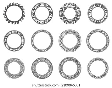 Circle greek frames. Round meander borders. Decoration elements patterns. Vector illustration isolated on white background.