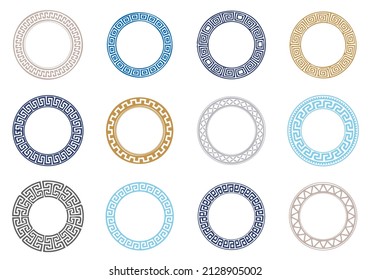 Circle greek frames. Round meander borders. Decoration elements patterns. Vector illustration isolated on white background.