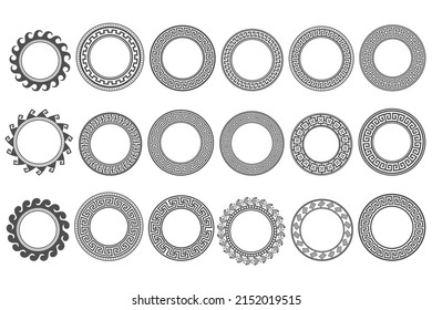 Circle greek frames. Round meander borders. Decoration elements patterns. Vector illustration isolated on white background.