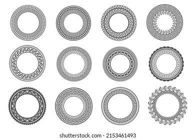 Circle greek frames. Round meander borders. Decoration elements patterns. Vector illustration isolated on white background.