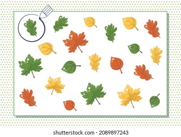 Circle green color. Kindergarten worksheet to help children strengthen his visual discrimination skills. Cute cartoon leaves.