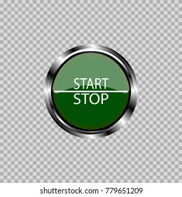 A circle of green color is represented in the form of a button with a start and stop sign, with a metal case.