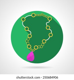 Circle green flat vector icon for necklace with yellow chain and pink teardrop-shaped stone on gray background with long shadow.
