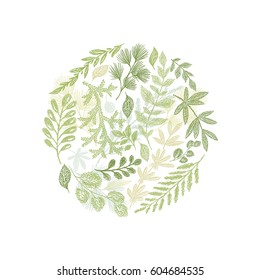 Circle green floral Herbs leaves hand drawn composition vector isolated on white background. Greenery leaf arrangement Herbarium.