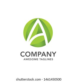 circle green leaf with hidden letter A logo vector concept