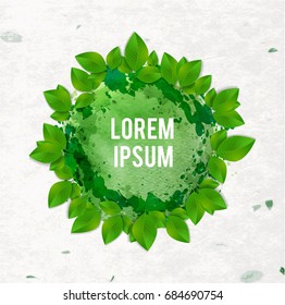 Circle with green leaves on watercolor background with place for your text. Vector illustration.