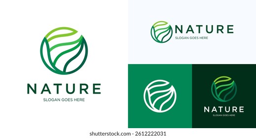 Circle green plant logo icon design vector, representing nature for field or land, tree leaf foliage logotype symbol with line stylized for growth agriculture, ecology environment protection, organic