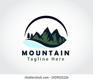circle Green three mountain rock forest adventure logo symbol design illustration inspiration