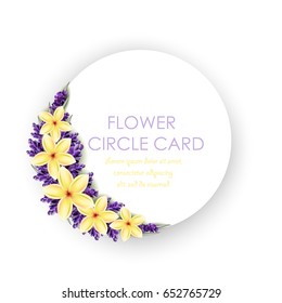 Circle greeting card with realistic flowers. Plumeria and Lavender flowers. Isolated illustration, vector EPS 10.