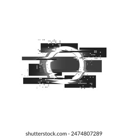 Kreis mit Graustufen- und Digitalrauscheffekten, dynamische Runde mit monochromen geometrischen Formen und Pixel-Vektorillustration. Abstrakter zerstörter Glitch-Ring-Rahmen mit Bewegungs-Bug-Rand