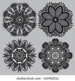 Circle grey lace ornament, round ornamental geometric doily pattern, black and white collection