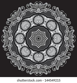 Circle grey lace ornament, round ornamental geometric doily pattern, black and white collection