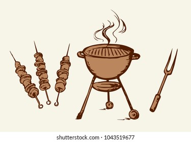 Circle grid Bbq heater device for steak snack isolated on white background. Camp cuisine cookout tool. Outline black ink hand drawn picture icon in art doodle cartoon graphic retro style pen on paper