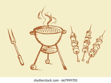 Circle grid Bbq heater device for steak snack cuisine isolated on white background. Camp cookout tool. Outline brown ink hand drawn picture icon in art doodle cartoon graphic retro style pen on paper