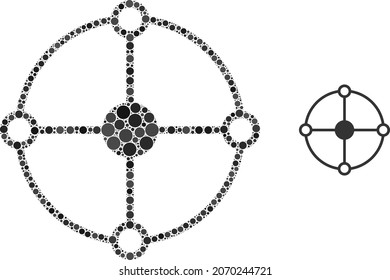 Circle grid node vector composition of small circles in different sizes and color shades. Small circles are grouped into circle grid node vector composition. Abstract vector design concept.