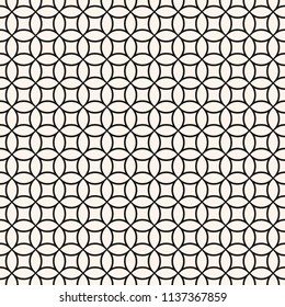 Circle grid pattern. Vector seamless texture with thin rounded lines, delicate mesh, net, lattice, lace. Simple abstract geometric background, repeat tiles. Black and white design for decor, ceramic