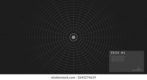 Grade circular com centro de destino em plano de fundo escuro. Interface tecnológica de radar futurista. HUD digital. Tela de ficção científica. Controle de espaçonave ou exibição de VR.
