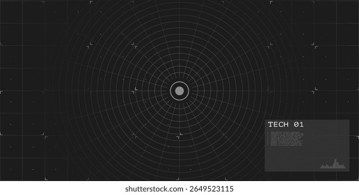 Circle grid with target center on dark background. Futuristic radar tech interface. Digital HUD. Sci fi screen. Spaceship control or VR display.