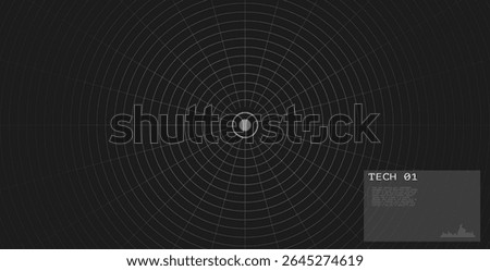 Circle grid with target center on dark background. Futuristic radar tech interface. Digital HUD. Sci fi screen. Spaceship control or VR display.