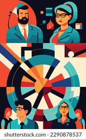 circle group of business tycoon retro art style in vector illustration