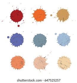 Circle grunge colorful shapes set.Hand drawn  blots made in vector. Imitation of dried paint and cracks. Isolated on the background and easy to use for your design. 