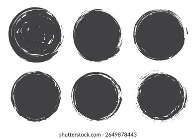 Circle grunge frames. Black round shapes on white background. Brush stroke paint. Grunge design element ink circles.