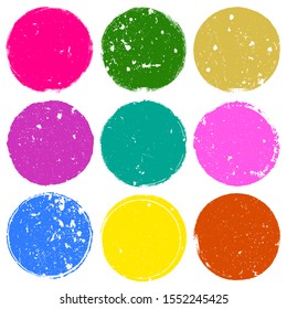 Circle grunge scratched lable background. Distressed post Stamp texture set. Aged color round cover template. Used circular icon, badge, button backdrop. Elements aging your design. EPS10 vector.