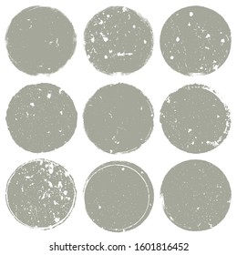 Circle grunge scratched lable background. Distressed post Stamp texture set. Aged bold thin round cover template. Used circular icon, badge, button backdrop. Elements aging your design. EPS10 vector.