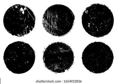 Circle grunge scratched lable background. Distressed post Stamp texture set. Aged bold thin round cover template. Used circular icon, badge, button backdrop. Elements aging your design. EPS10 vector.