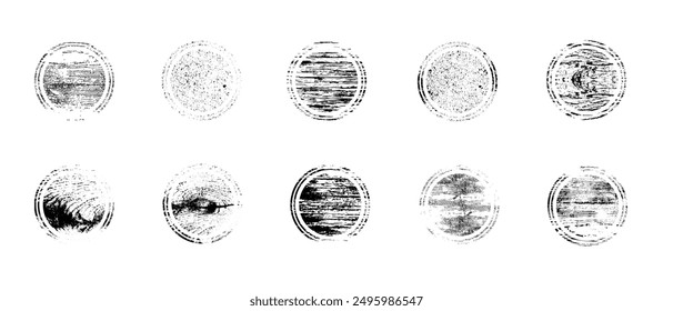 Fondo de etiqueta rayado grunge círculo. Conjunto de textura de sello de postes estresados.  Plantilla de cubierta redonda fina y envejecida. Icono circular de Vector, placa, fondo de Botón. 