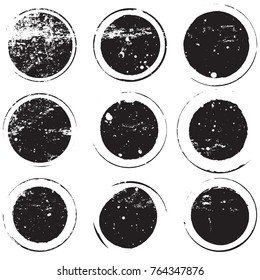 Circle grunge scratched lable background. Distressed post Stamp texture set. Aged bold thin round cover template. Used circular icon, badge, button backdrop. Elements aging your design. EPS10 vector.