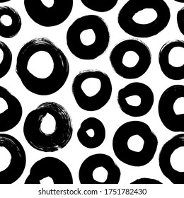 Circle grunge seamless vector pattern. Brush strokes, polka dot, rounded outline shapes. Hand drawn abstract ink background. Smears, circles, splotches, blobs. Abstract wallpaper design, textile print