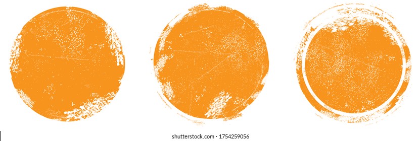 Circle Grunge Stempel Set. Runder Vektorgrafik einzeln auf weißem Hintergrund. orangefarbener Vektorgrafik. Kollektion für Grunge-Abzeichen, Siegel, Tinte und Stempel-Design-Vorlage. Runde Grunge, handgezeichnet, kreisförmig, Vektorgrafik