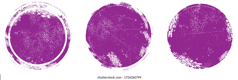 Juego de sellos de grano circular. Vector redondo aislado sobre fondo blanco. Vector de sello morado. Colección para la plantilla de diseño de placa de grunge, sello, tinta y sello. Forma de círculo dibujado a mano redondeada, vector