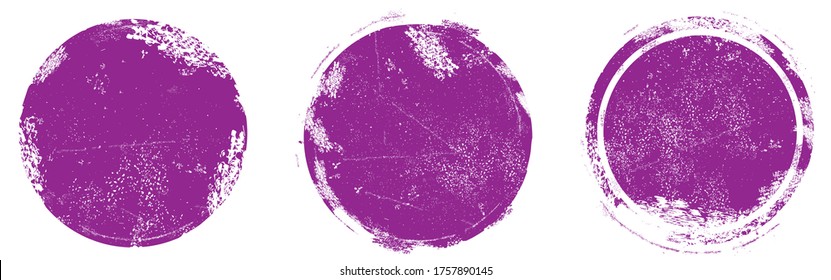 Juego de sellos de grano circular. Vector redondo aislado sobre fondo blanco. Vector de sello morado. Colección para la plantilla de diseño de placa de grunge, sello, tinta y sello. Forma de círculo dibujado a mano redondeada, vector