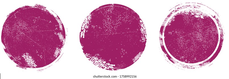 Circle grunge stamp set. Round vector isolated on white background. Purple stamp vector. Collection for grunge badge, seal, ink and stamp design template. Round grunge hand drawn circle shape, vector