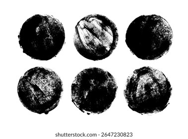 Circle grunge stamps and seals set. Hand drawn rough round shapes, black sun symbols, circle brush strokes and dots. Japanese or Chinese calligraphy round shapes isolated on white background.