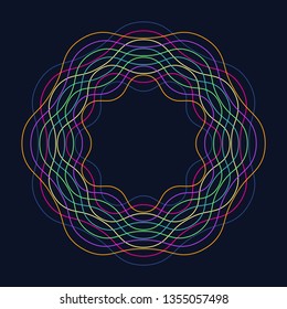 Circle Guilloch in vector, circle border frame, abstract round frame from thin lines, dark blue background