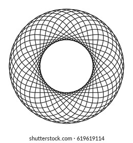 Circle Guilloch in vector. Circle border frame, black round lace contour isolated on white background. Abatract round frame from thin lines.