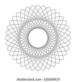 Circle Guilloch in vector. Circle border frame, black round lace contour isolated on white background. Abstract round frame from thin lines.