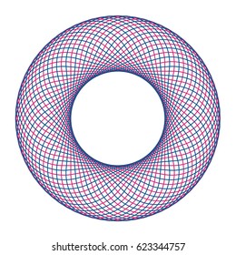 Circle Guilloch in vector. Circle border frame, blue and ped round lace contour isolated on white background. Abstract round frame from thin lines.