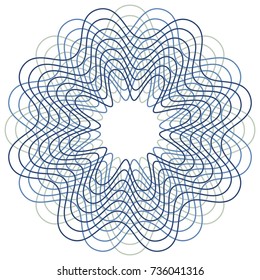 Circle Guilloch in vector, security Seal, circle border frame, blue round lace contour isolated on white background. Abstract round frame from thin lines.