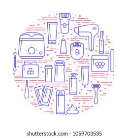 Circle with hair removal methods symbols in line style. Shaving sugaring laser waxing epilation depilation tweezing concept theme. Unique hair removal methods round print. Elements, icons