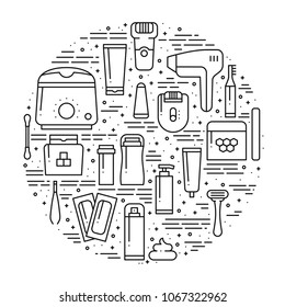 Circle with hair removal methods symbols in line style. Shaving sugaring laser waxing epilation depilation tweezing concept theme. Unique hair removal methods round print. Elements, icons