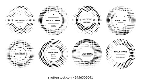 Elementos de semitonos circulares o de semitonos redondos con fondo de motivo, Vector abstracto. Círculos de semitonos para Elementos de Diseño gráfico con puntos negros en gradación geométrica de semitonos o marcos redondos