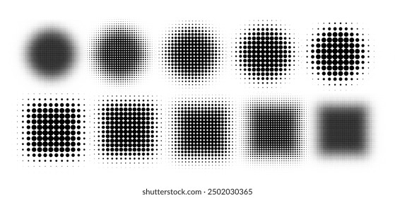 Medio tono circular. Abstractas círculos punteados, semitonos redondos, degradado de puntos geométricos y textura de arte pop. Conjunto de Vector de gradación de pulverización de punto. Ilustración degradado semitono manchado, efecto redondo